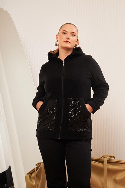RMG Plus Size Black Fleece Cardigan - Rmg Sleeves, Pocket Sequins and Zipper Hoodie