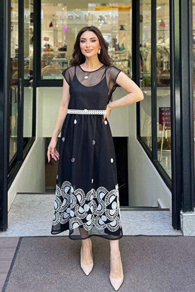 FEVER File nakışlı uzun siyah elbise