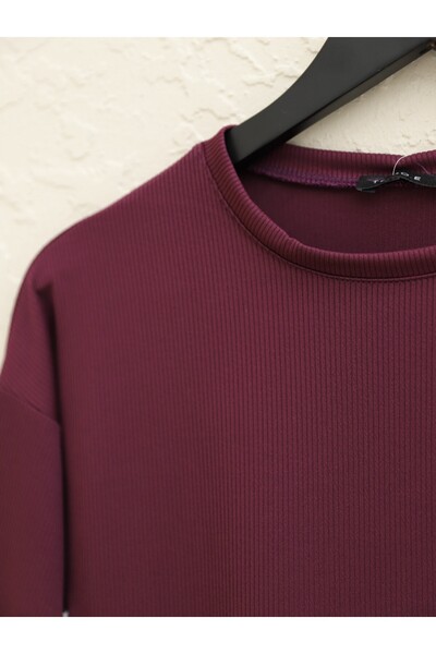 Modamorfo Crew Neck Slit Corded Fabric Set - Plum