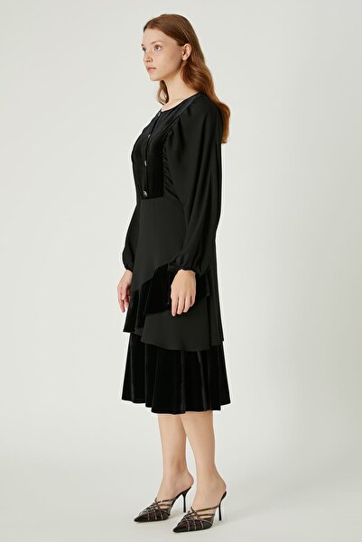 FEVER Kadife geçişli düğme detaylı elbise