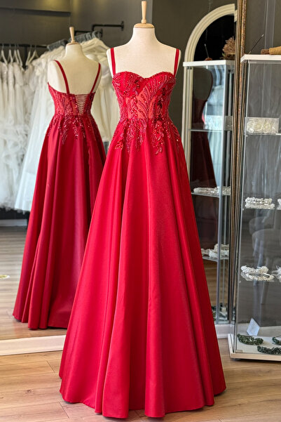 Lenta Moda Kırmızı Yaprak Desen Dantel Kaplı Maxi Boy Saten Abiye Ve Gece Elbisesi