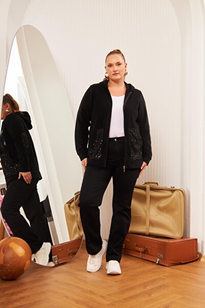 Genel Markalar KADIN SİYAH RMG KOL VE CEP PUL PAYET İŞLEMELİ FERMUARLI KAPŞONLU BÜYÜK BEDEN POLAR HIRKA