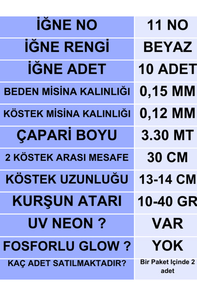 ea genset Çapari İstavrit Çaparisi, 15x12 Beden İnce 40gr Uv Neon Sarı Sim, 11 No Beyaz 10 İğneli 2li Paket