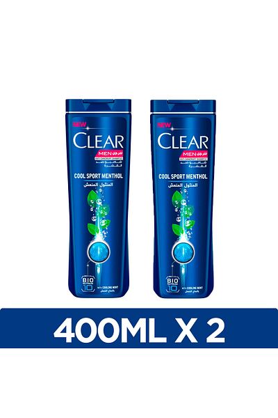 Clear Men’s Anti-dandruff Shampoo, Cool Sport Menthol, 100% Dandruff-free & Nourished Scalp, 400ml X2
