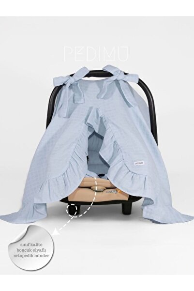 Pedimu Muslin Blue Color Ruffle Detailed Stroller Cover and Stroller Cushion Set