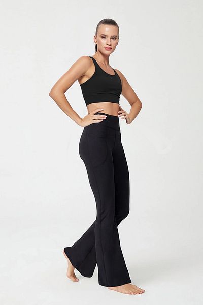 bilcee Peak Women's Black High Waist Pocket Spanish Leg Leggings Pants 7027