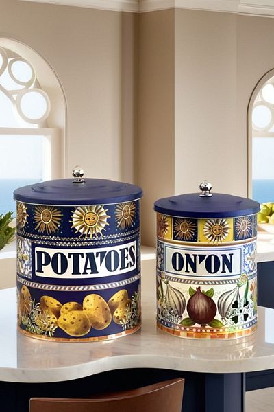 Arma House La Dolce Vita Sicilian Inspired Navy Blue Metal Potato Onion Bucket & Crisper Basket 28*22-2518 (1)