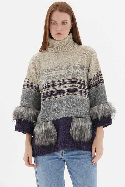 Two Mail Purple-Bone Knitwear Sweater - Fur Detailed