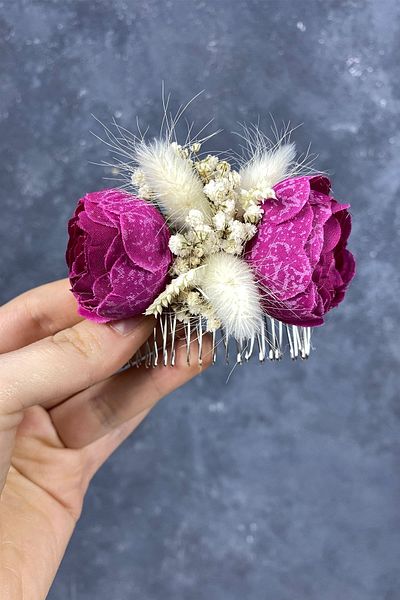 Hobigram Dark Fuchsia Cotton Grass - Cipso and Artificial Flower Scalloped Bridal Hair Clip Accessory