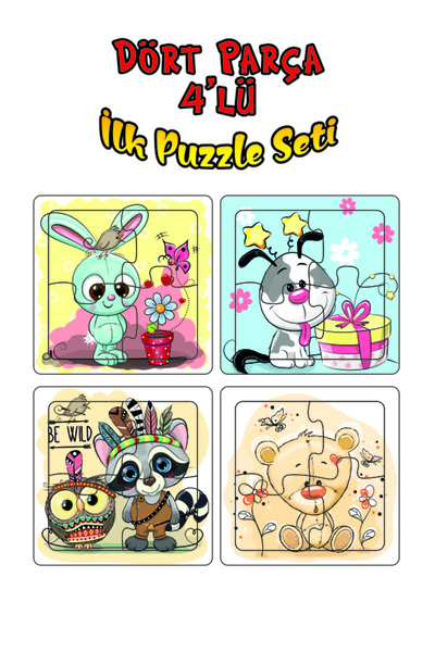 Leelii Tasarım Sevimli Hayvanlar İlk Puzzle Tavşan, Köpek, Lemur, Ayı Ahşap P...