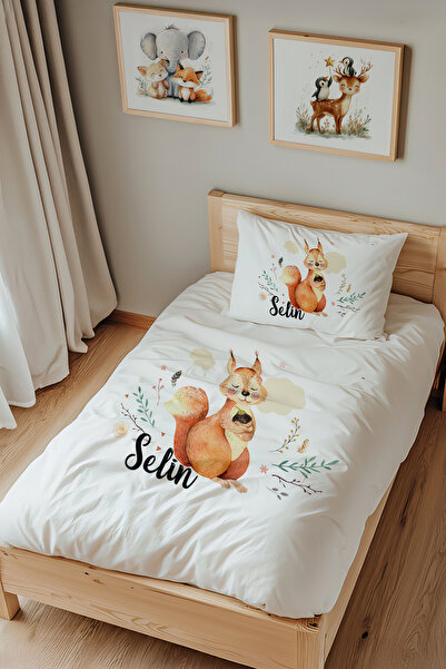 Lilabio İsme Özel Tek Kişilik %100 Pamuk Nevresim Takımı (160X220 CM) Sincap