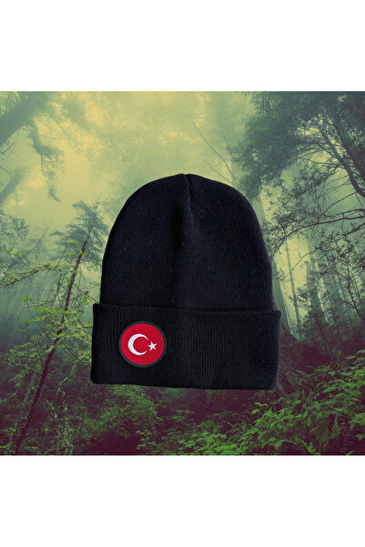 Unisex Basic Türk Bayrağı Armalı Siyah Kışlık Bere