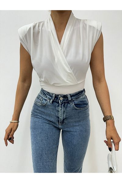 Modamorfo Αμμώδης μπλούζα με μηδενικό μανίκι με διπλό στήθος -λευκή