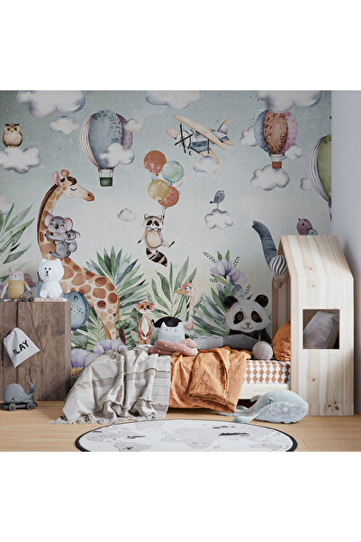 Tasarım Hayvanlar Alemi Tropikal Ççekler ve Balonlar Çocuk Odası Duvar Kağıdı