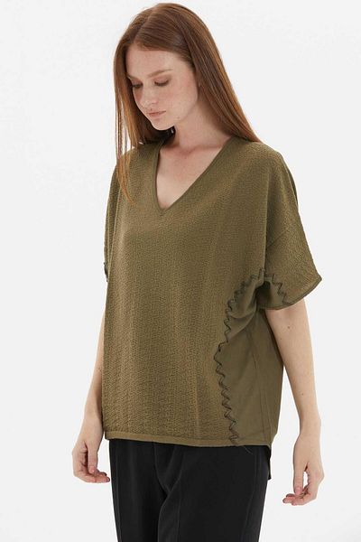 Two Mail Khaki V-Neck Knitwear Blouse