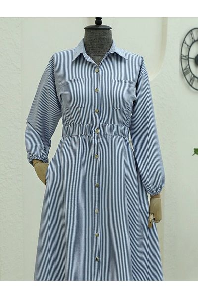Modamorfo Geknöpftes, gestreiftes Kleid mit elastischem Bund – dunkel