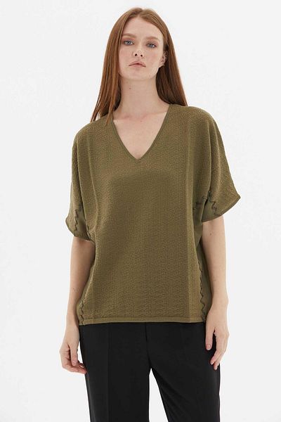 Two Mail Khaki V-Neck Knitwear Blouse
