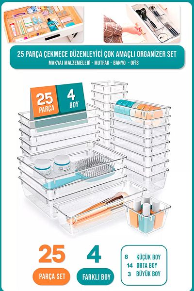 FİTHOME 25-Piece Modular Drawer Organizer Multi-Purpose Makeup Stationery Kitchen Bathroom Organizer