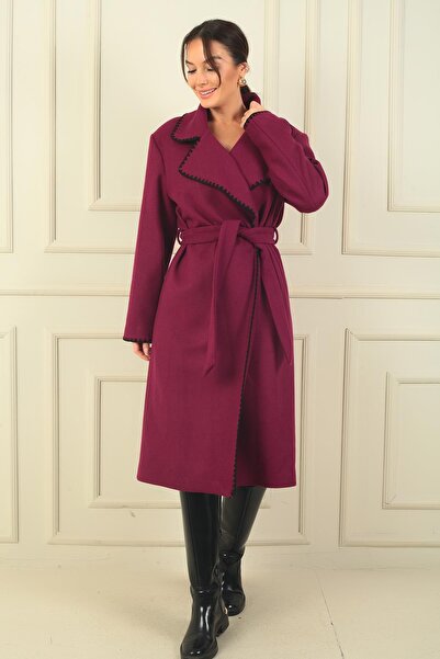 By Saygı Γυναικείο παλτό με ραφές Shepherd με τσέπες με ζώνη μέσης με επένδυση από κασμίρ