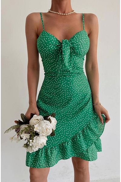 Bak Moda Rochie verde cu bretele cu fermoar cu panglică cu buline albe