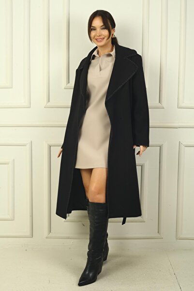 By Saygı Γυναικείο παλτό με ραφές Shepherd με τσέπες με ζώνη μέσης με επένδυση από κασμίρ