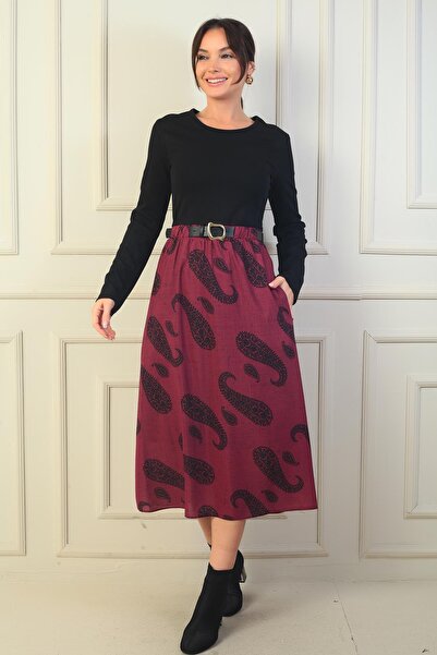 By Saygı Women's Waist Belted Skirt Shawl Patterned Lined Dress