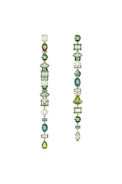 Swarovski Gema damla küpeler, Asimetrik tasarım, Karışık kesimler, Ekstra uzun, Yeşil, Altın rengi kaplama