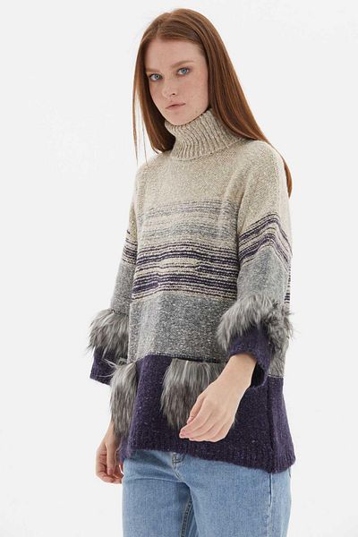 Two Mail Purple-Bone Knitwear Sweater - Fur Detailed