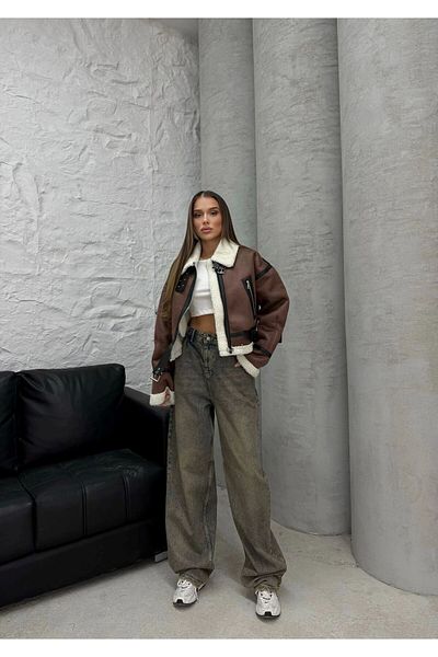 VESS MODA Palton cu detaliu curea din piele maro deschis