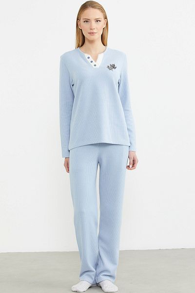 Sementa Set pijama albastră - Detaliu guler cu nervuri