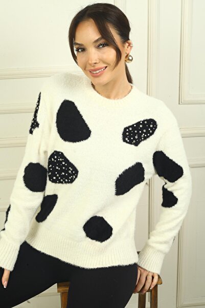 By Saygı Women's Pearl Detailed Dalmatian Soft Sweater
