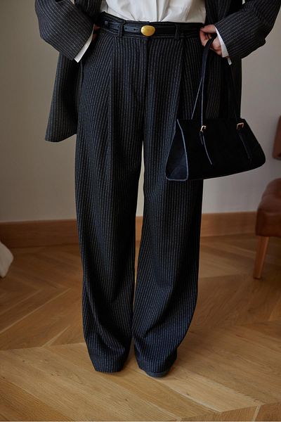 Askı Nişantaşı Anthracite Front Clamp Detailed Striped Palazzo Trousers
