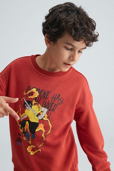 GRIMELANGE Remco Boy's Embroidered Round Neck Tile Color Sweatshirt