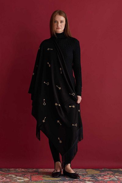 Two Mail Black Embroidered Shawl