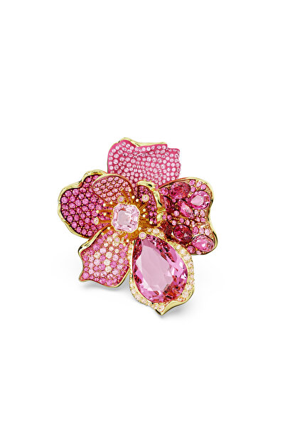 Swarovski Idyllia Kokteyl Yüzüğü, Pavé, Çiçek, Pembe, 18k altın rengi yüzey