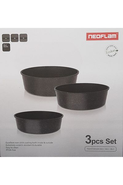 NEOFLAM ,Midas,Round Ovenware Set of 3pcs,non stick cast Aluminum,(Round 24,26,28 CM),Black Marble