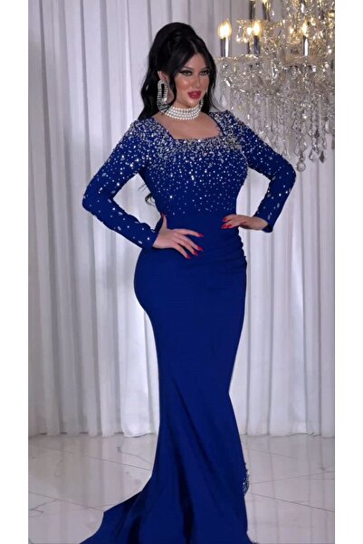 ZENABİYEM Zena Fashion Kare Yaka Yırtmaç Detaylı Kuyruklu Taş Baskı Abiye Elbise