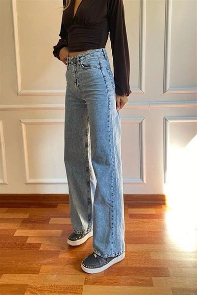 WODDİ Duryn Pamela Women High Waist Blue Snow Wash Wide Leg Lycra Palazzo Jeans Pants