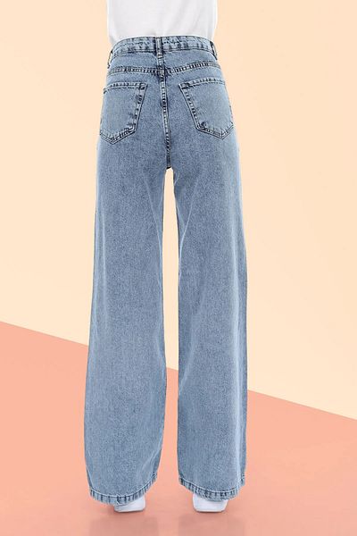WODDİ Duryn Snow Wash Blue Jeans High Waist Lycra Loose Wide Leg Jeans Denim Trousers