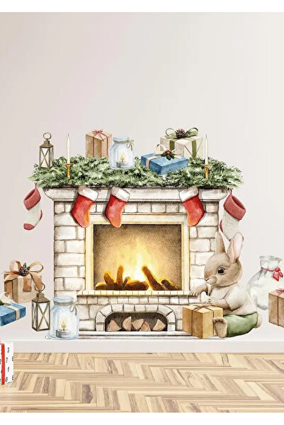 WALLHUMAN Yılbaşı-Şömine Başında Tavşan Çocuk Bebek Odası Sticker Seti , Yılb...