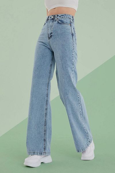 WODDİ Duryn Blue Women's 90's Wide Leg Blue Snow Wash Loose High Waist Lycra Palazzo Jeans Denim Pants