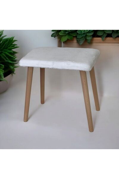 Taşkale Gürgen Ahşap Retro Ayak Dekoratif Beyaz Pelüş Puf Tabure Bench Koltuk Sandalye