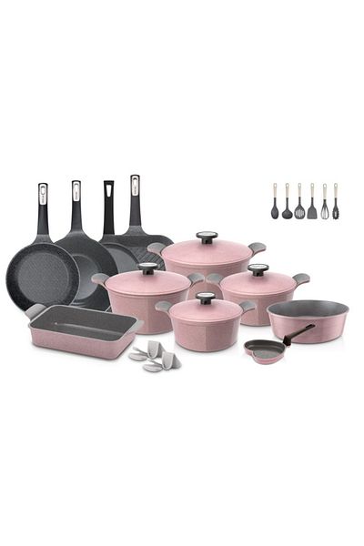NEOFLAM ,POTE,Cooking Set of 25Pcs,Cast Aluminum,Nonstick Ecolon Coating,Pink Marble