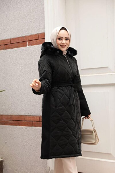 dk denemekabini Γυναικείο παλτό με κουκούλα Nova με λεπτομέρεια ζώνης - Μαύρο