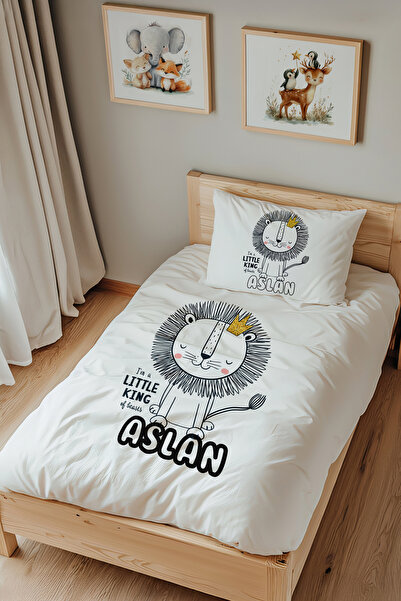 Lilabio İsme Özel Tek Kişilik %100 Pamuk Nevresim Takımı (160X220 CM) Aslan