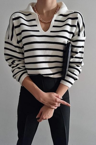 Dier Moda Pulover alb cu dungi cu gât polo