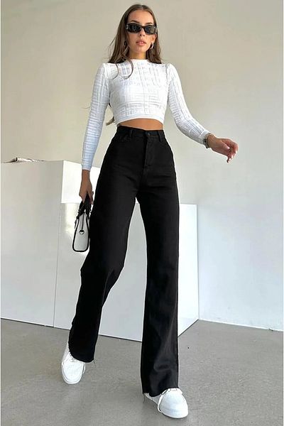 WODDİ Duryn Pamela Women's Non-Fading Black Super High Waist Wide Leg Comfort Lycra Palazzo Jeans Pants