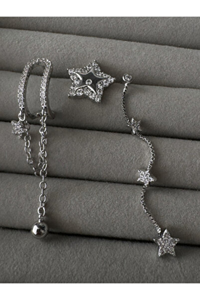 bijuxbymrv Zirkon Taşlı 3lü Set Sallantılı Yıldız Küpe Gümüş Renk