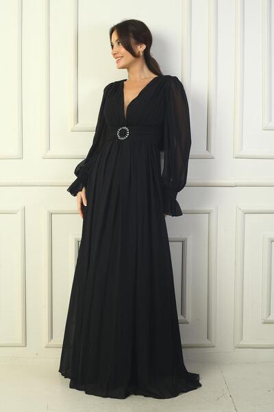 By Saygı Dámské dlouhé večerní šifonové šaty s výstřihem do V a s přezkou