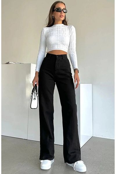 WODDİ Duryn Pamela Women's Non-Fading Black Super High Waist Wide Leg Comfort Lycra Palazzo Jeans Pants